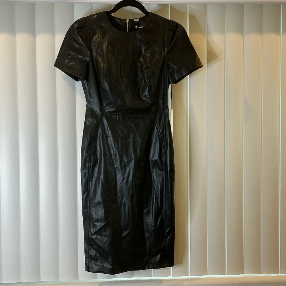 Calvin Klein Petite Faux-Leather Sheath Dress - Picture 5 of 6